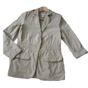 Chico's Tan Khaki Safari Blazer Linen Blend Stretch Pockets Womens Size 0